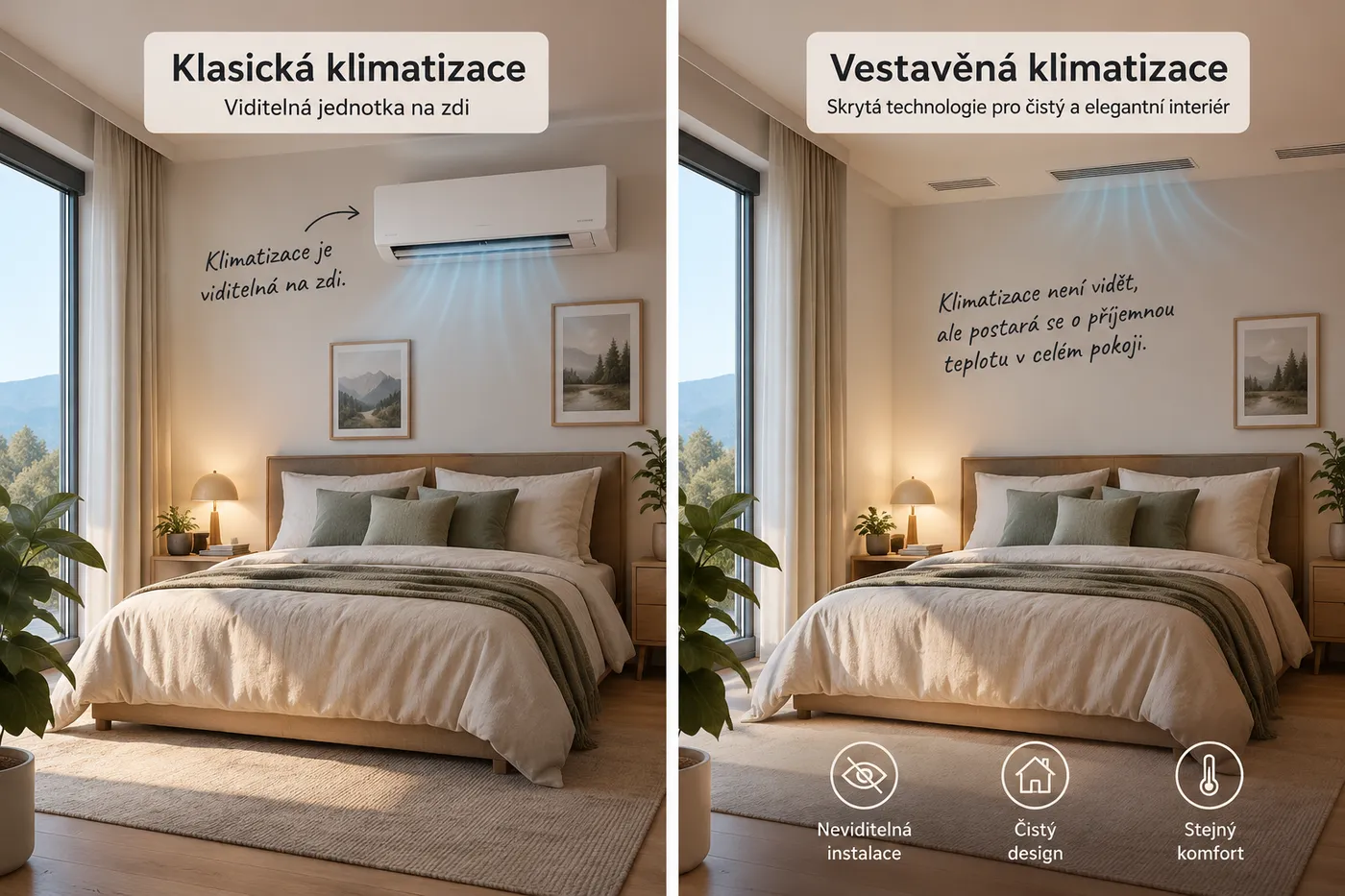 Reklamní vizuál vytvořený AI: dvakrát tatáž ložnice, vlevo s klasickou nástěnnou klimatizací, vpravo s vestavěnou skrytou ve stropě