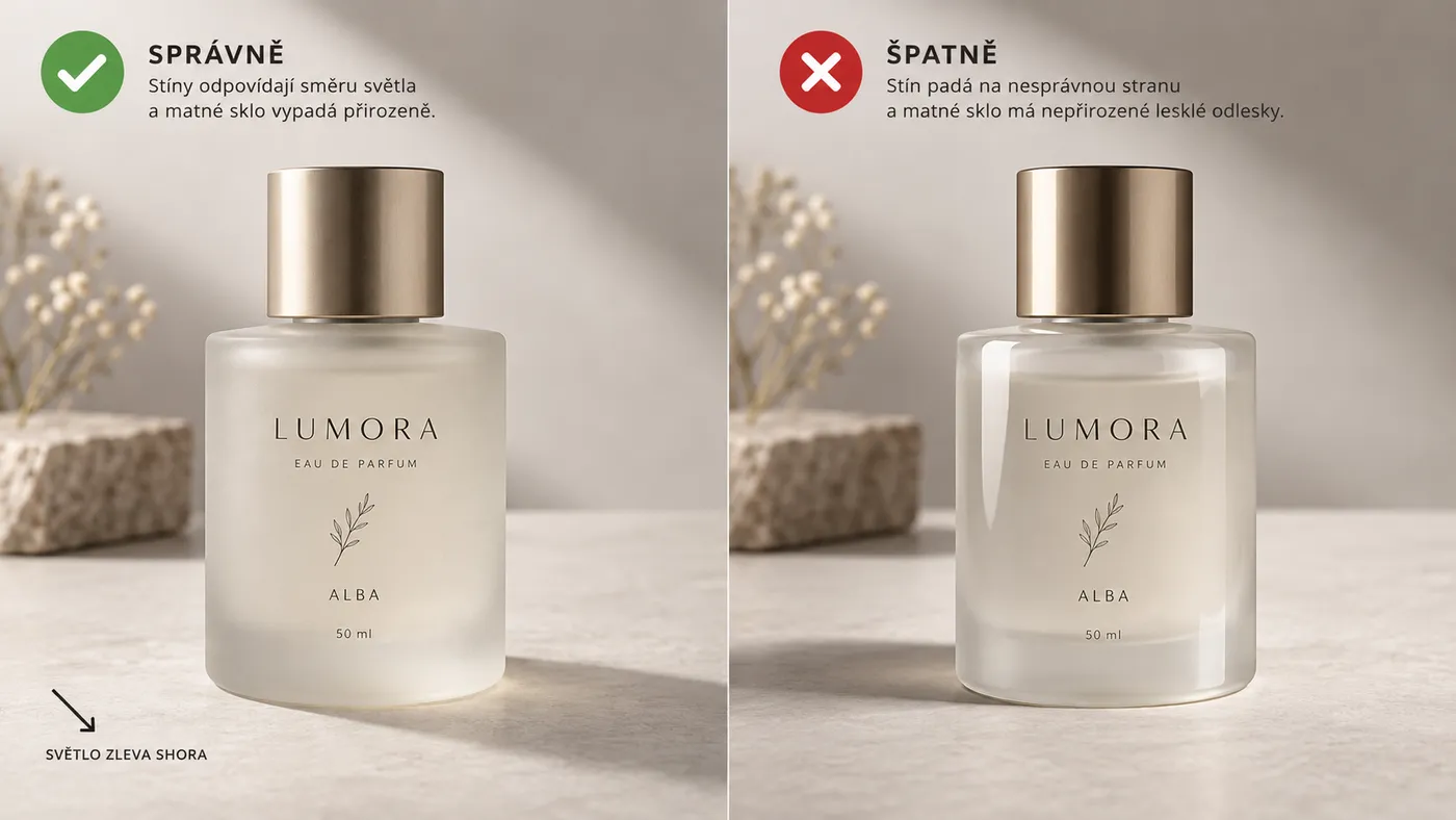 Obrázek vygenerovaný AI: dvě produktové fotky stejného parfému - vlevo správný stín a matné sklo, vpravo stín proti světlu a lesklé odlesky