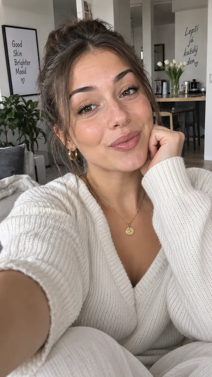 Obrázek vytvořený AI: tatáž vymyšlená žena v bílém svetru, selfie bez produktu a bez tvrzení