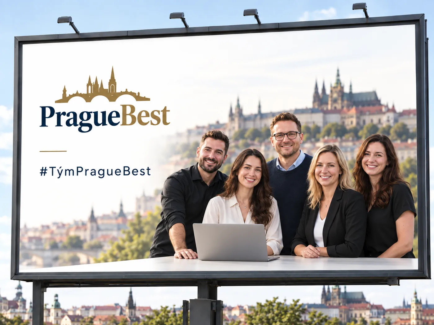 Obrázek vygenerovaný AI: billboard s logem PragueBest, heslem #TýmPragueBest a pěti usměvavými lidmi u notebooku, v pozadí Pražský hrad