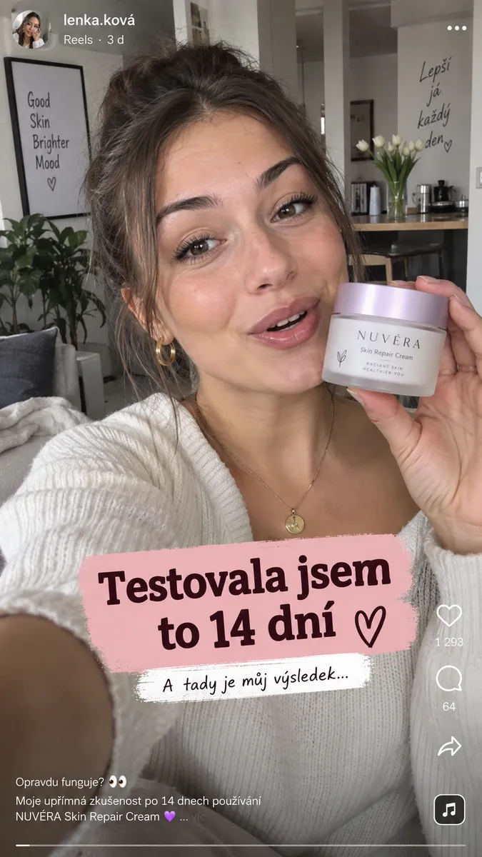 Obrázek vytvořený AI: snímek z reels, vymyšlená žena drží kelímek krému, titulek Testovala jsem to 14 dní