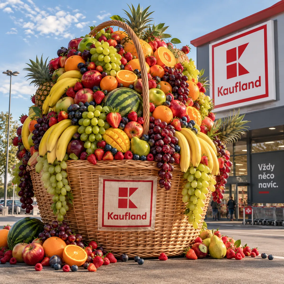 Obrázek vygenerovaný AI: obří proutěný košík přeplněný ovocem před vchodem do supermarketu