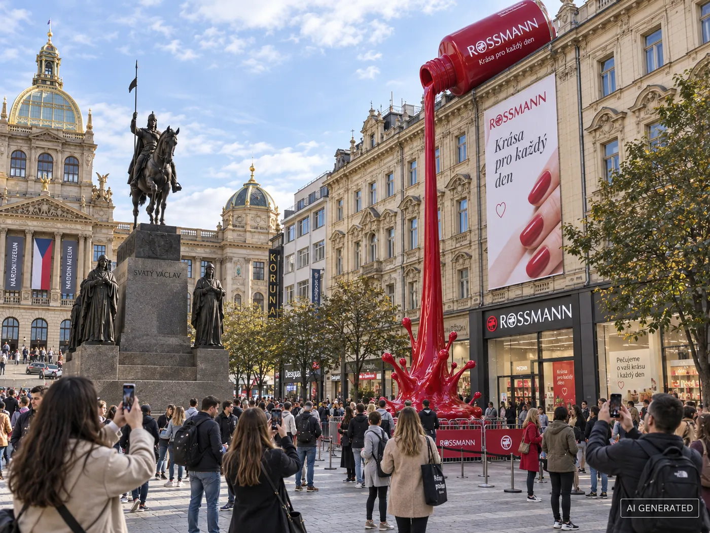Obrázek vygenerovaný AI: Václavské náměstí se sochou svatého Václava, z fasády nad prodejnou drogerie se vylévá obří červená lahvička laku na nehty, dav lidí ji fotí telefony, v rohu štítek AI GENERATED