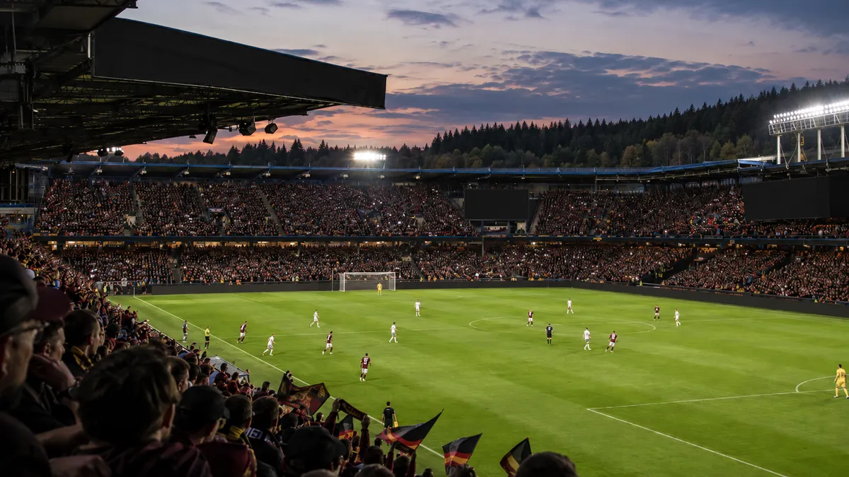 Obrázek vytvořený AI: fotbalový stadion s diváky, bez log, v pozadí les