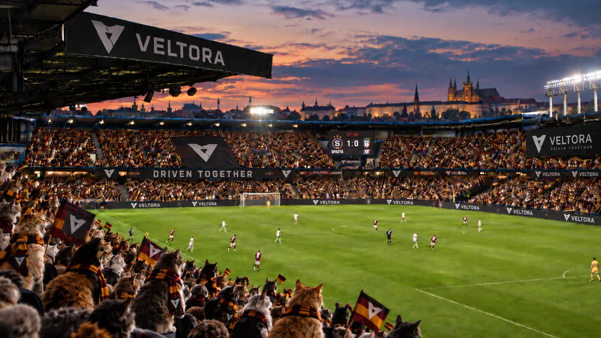 Obrázek vytvořený AI: stadion se smyšleným logem Veltora, na tribunách kočky v šálách